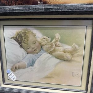 Framed Art of Sleeping Child with Teddy Bear